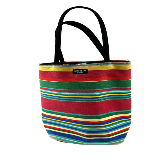 Vintage 90s Kate Spade Canvas Rainbow Striped Bag Purse Footed Bottom Coin Purse - Picture 2 of 16
